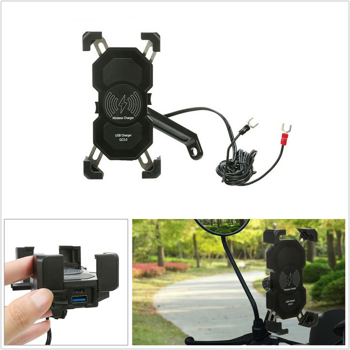 Motorcycle Phone Holder 15W Qi Wireless Smart Charger Semiautomatic Bracket 2in1