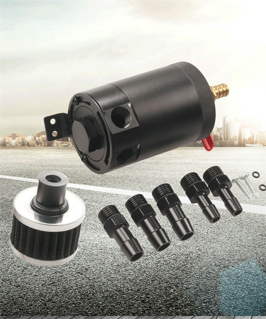 Aluminium Alloy 2-Port Oil Catch Can Tank Reservoir+Drain Valve Breather Baffle