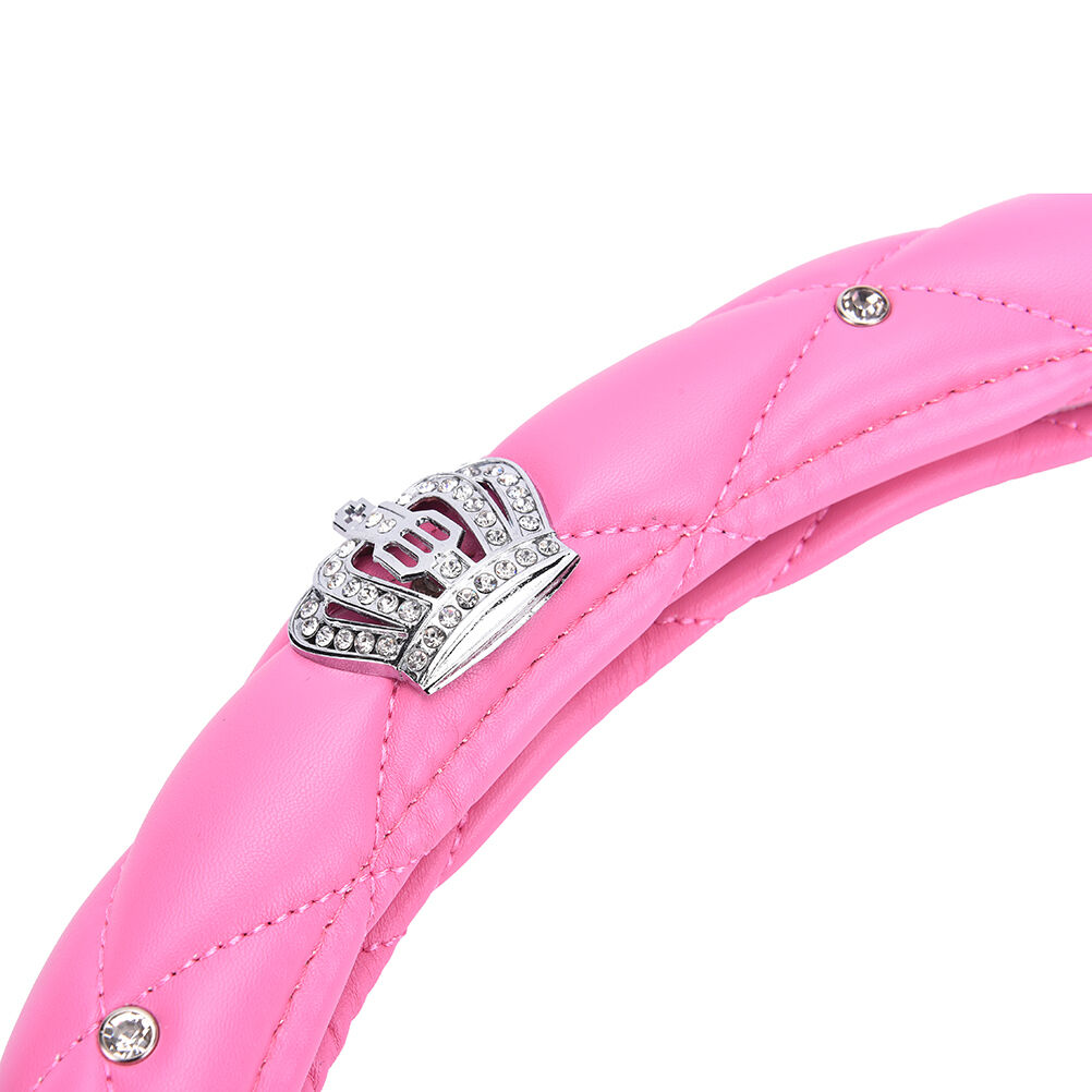 Universal Steering Wheel Cover Leather Shinny Crystal Crown Pink Girl GifY RC