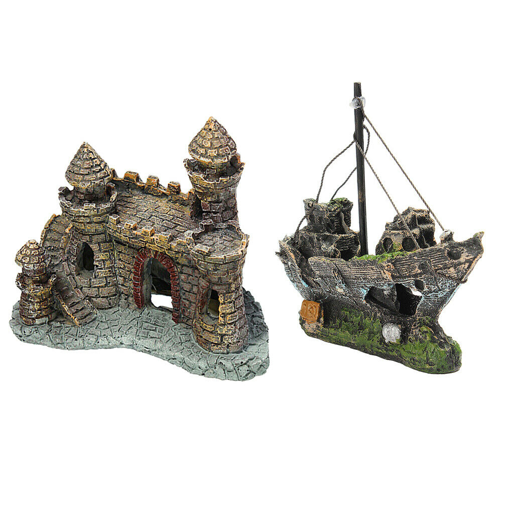 1xWreck Sailing Boat, 1xAntique Castle  Fish Tank Landscape Decoration