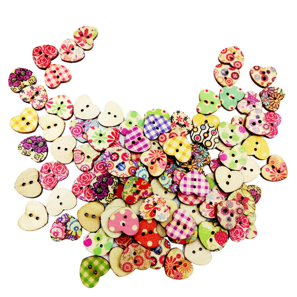 100 Mixed Wooden Heart Buttons For Sewing Crafting DIY Scrapbooking Flatback