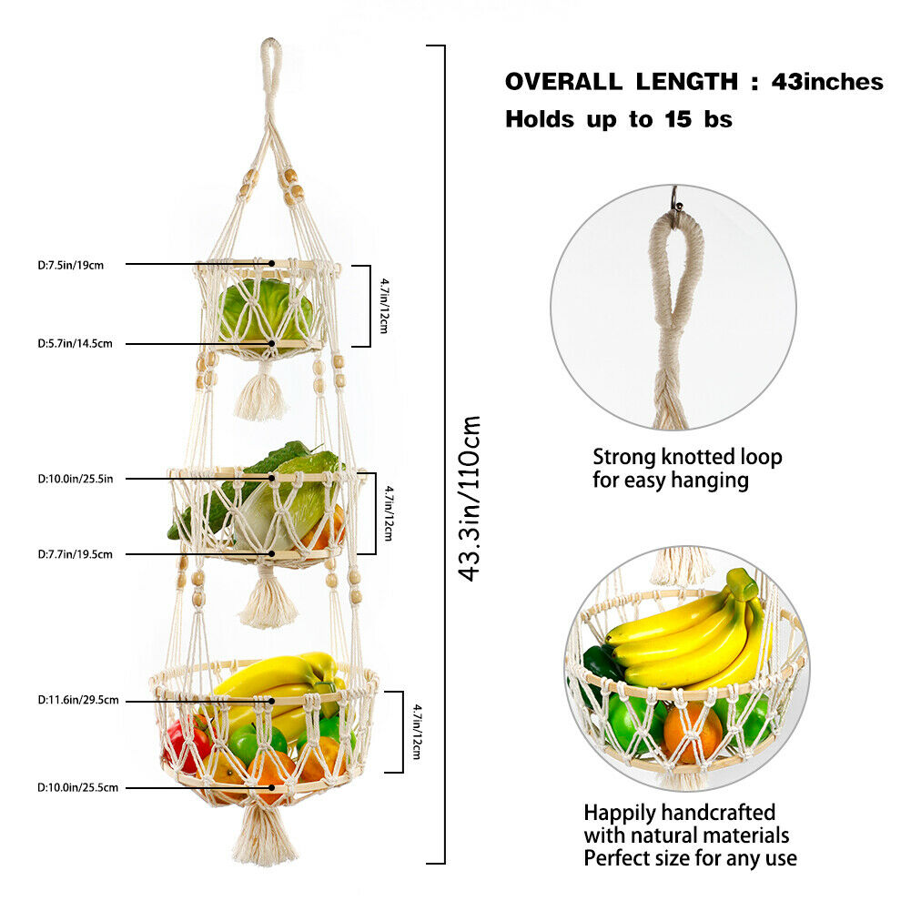 Hanging Fruit Basket Macrame 3 Tier Fruit Food Organizer Decoration Plant Holer
