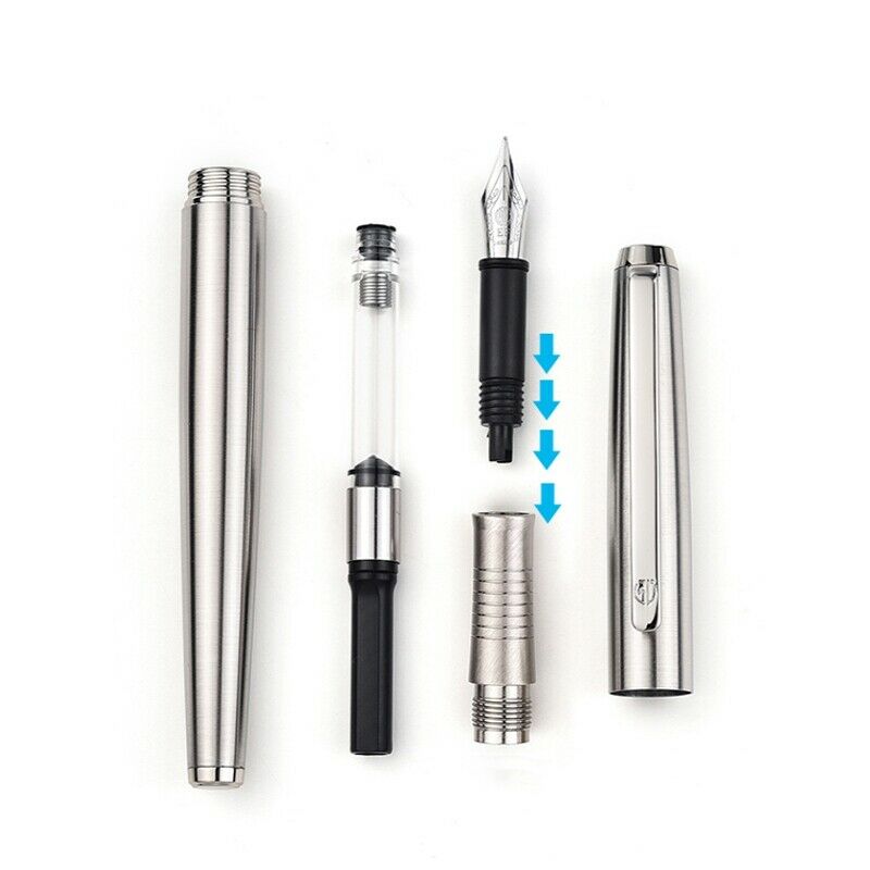 Hongdian 517S Full Steel Fountain Pen EF 0.4MM Bent Nib Srew Cap