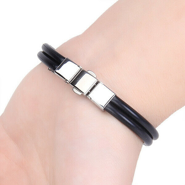 Simple Style Cool Stainless Steel Mens Rubber Fold Over Clasp Wristband Bracelet