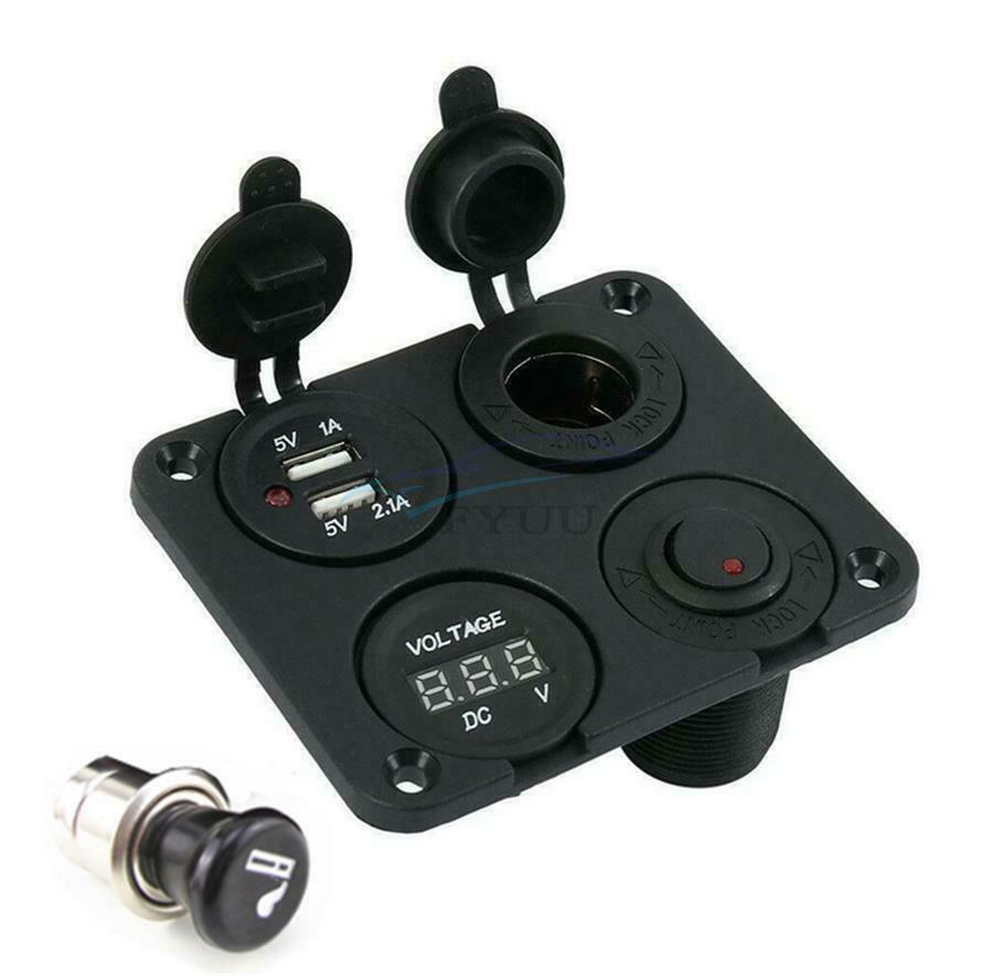 4Hole Panel Dual USB Charger Power Socket Voltmeter On-Off Switch For Marine Car