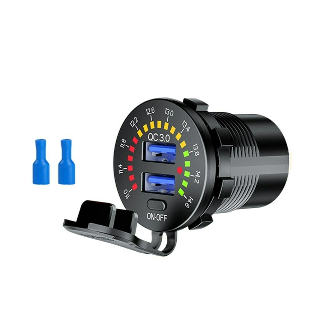 Dual USB Car Charger Socket Power Outlet QC3.0 36W LED Voltmeter for Car Boat