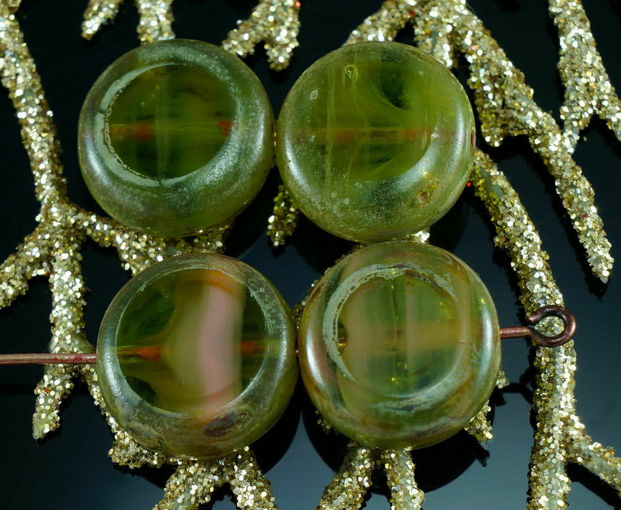 Picasso Brown Green Crystal Czech Glass Flat Round Coin Beads Table Cut Table...