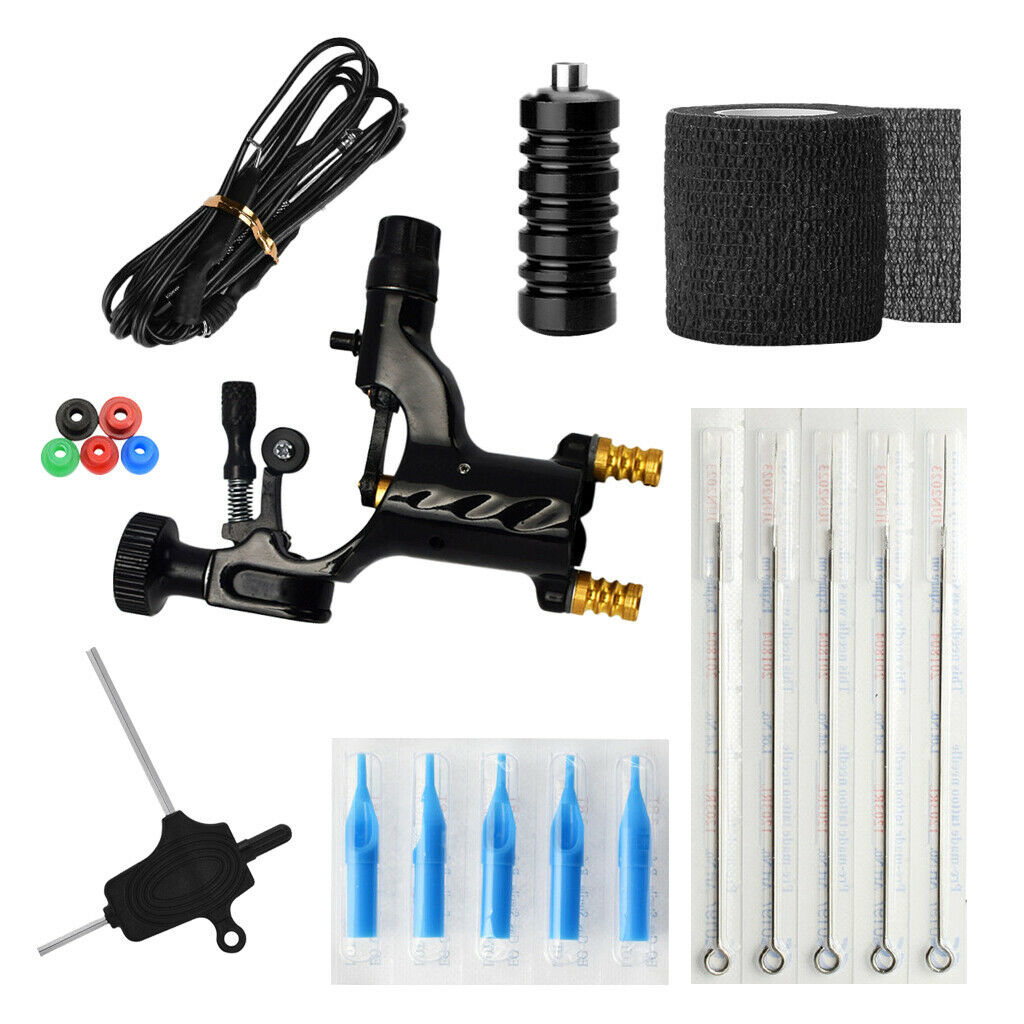 Tattoo Kit Rotary Machine Needles Tubes Clip Cord Bandage Grommets Set Black