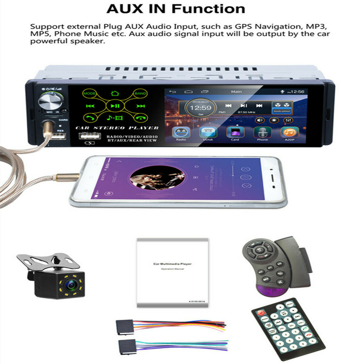Car 4.1" Bluetooth MP5 Radio Player RDS Subwoofer Micophone 8LED Rear Camera