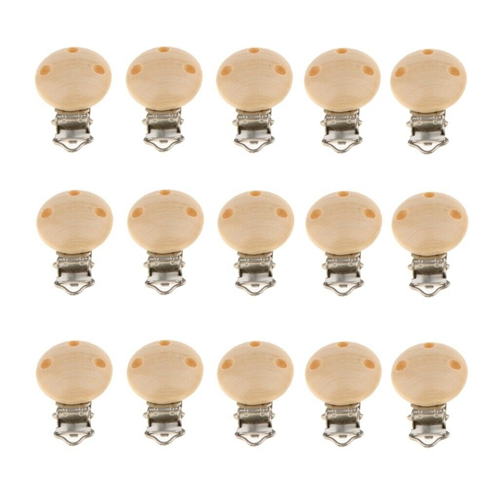 15pcs Natural Wooden Baby Pacifier Clips DIY Pacifier Clip Metal Holders