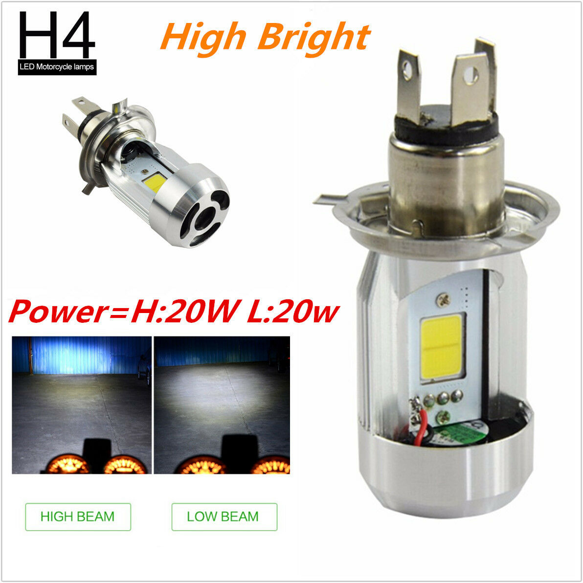 1x H4 COB 4000LM 20W*2 Motorcycle Bike Headlight Hi/Lo Beam Lamp LED Front Light