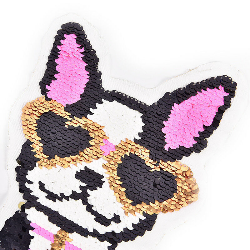 dog wearing heart glasses reversible change color sequins sew on patche.l8