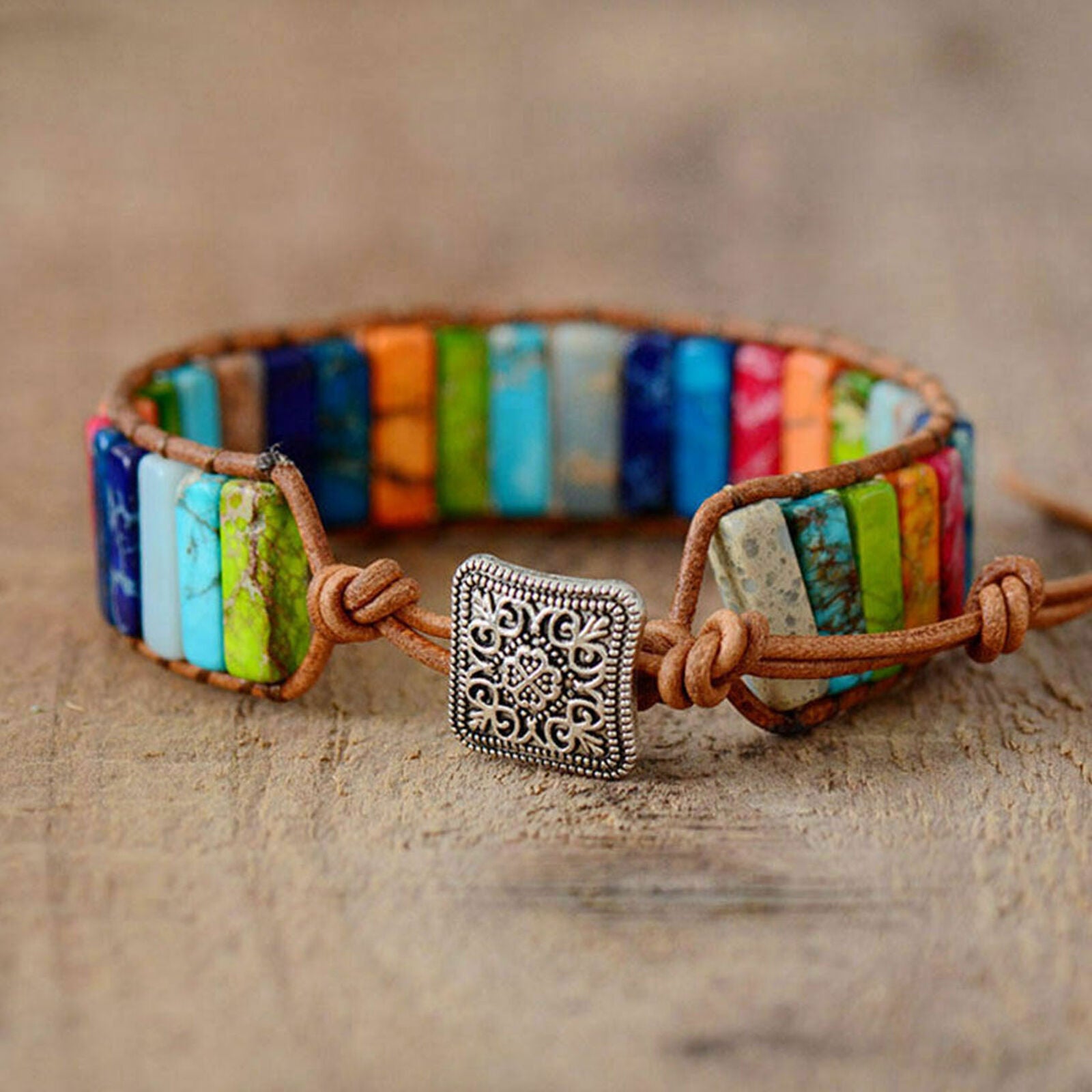 Prayer Handmade 7 Chakra Leather Wrap Bangle Natural Stone Tube Beads Bracelet