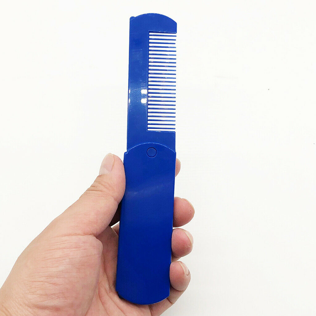 Foldable Travel Beard Comb Mustache Shaving w/Makeup Mirror for Pockets Blue