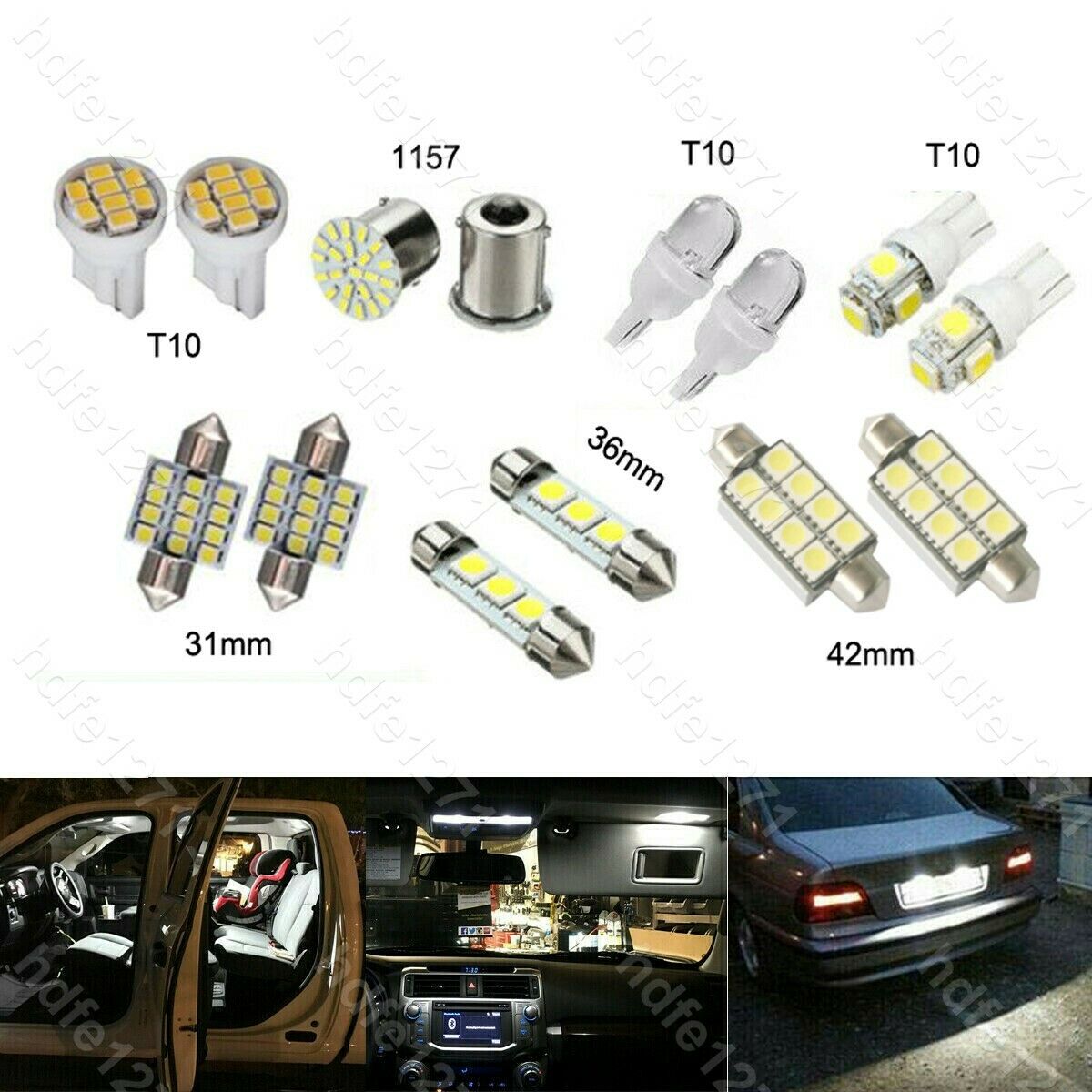 14Pcs Auto Car Interior T10 LED Light Dome License Plate Mixed Lamp Set 31/36mm