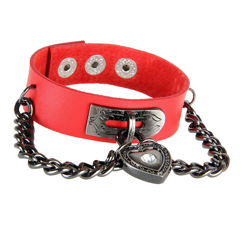 Punk Rock PU Leather Bracelet Wide Rock Metal Chain Wristband Cuff Red