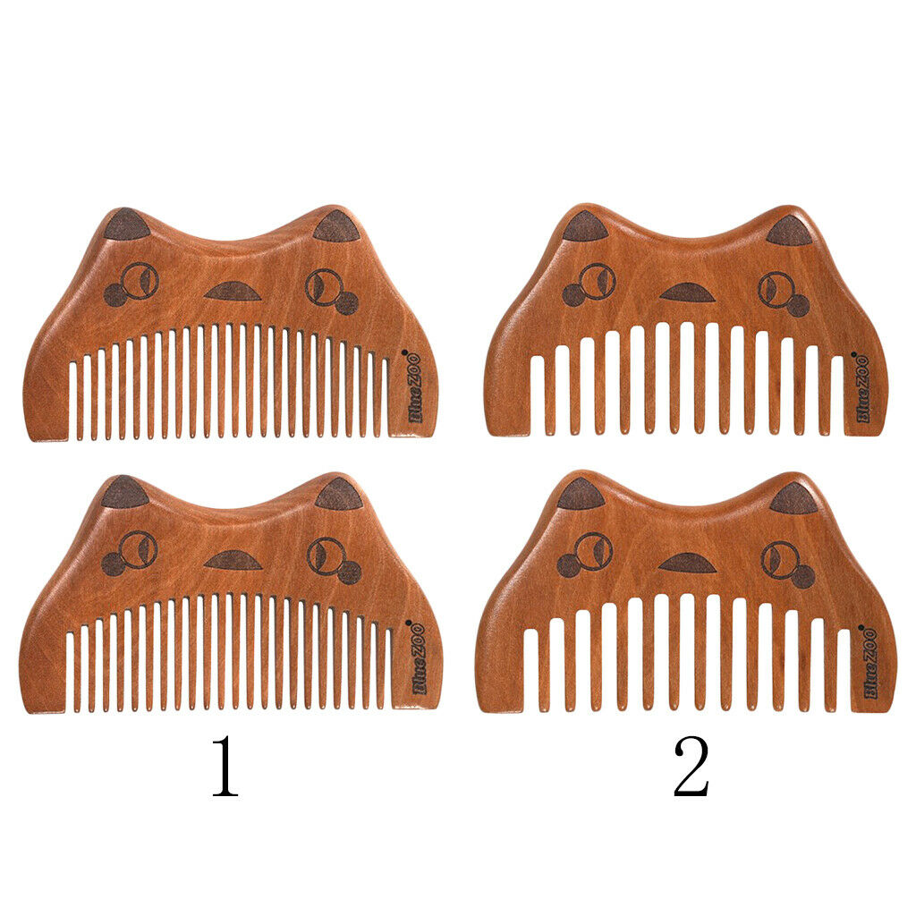 2Pcs Cute Cat Head Anti Static Wooden Massage Comb for Beard Hair Fine Tooth
