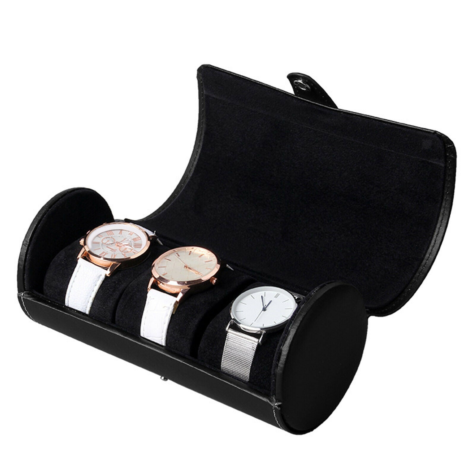 Stylish 3Slot PU Watch Roll Container Box for Wristwatch Holder Black