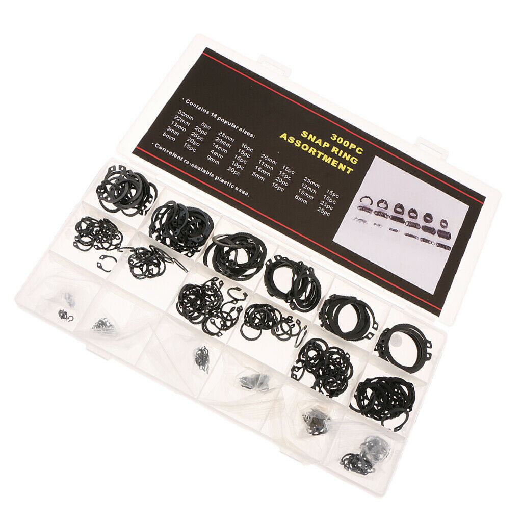 300 Pcs C-Clips Retaining Ring Snap Rings Assortment Kit 18 Sizes with Case