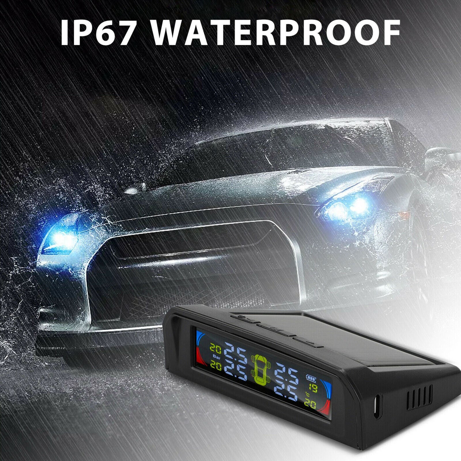 Car Tire Pressure Monitoring System LCD Solar Wireless TPMS + 4 External Sensors