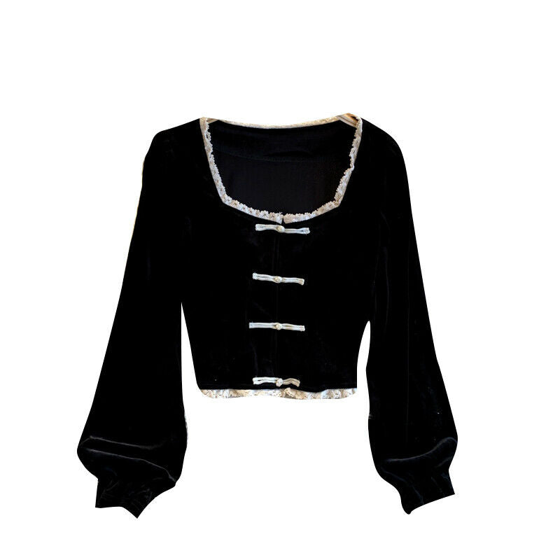 Women Velvet Blouse Lace Square Neck Crop Tops Frog Button Shirt Black Retro
