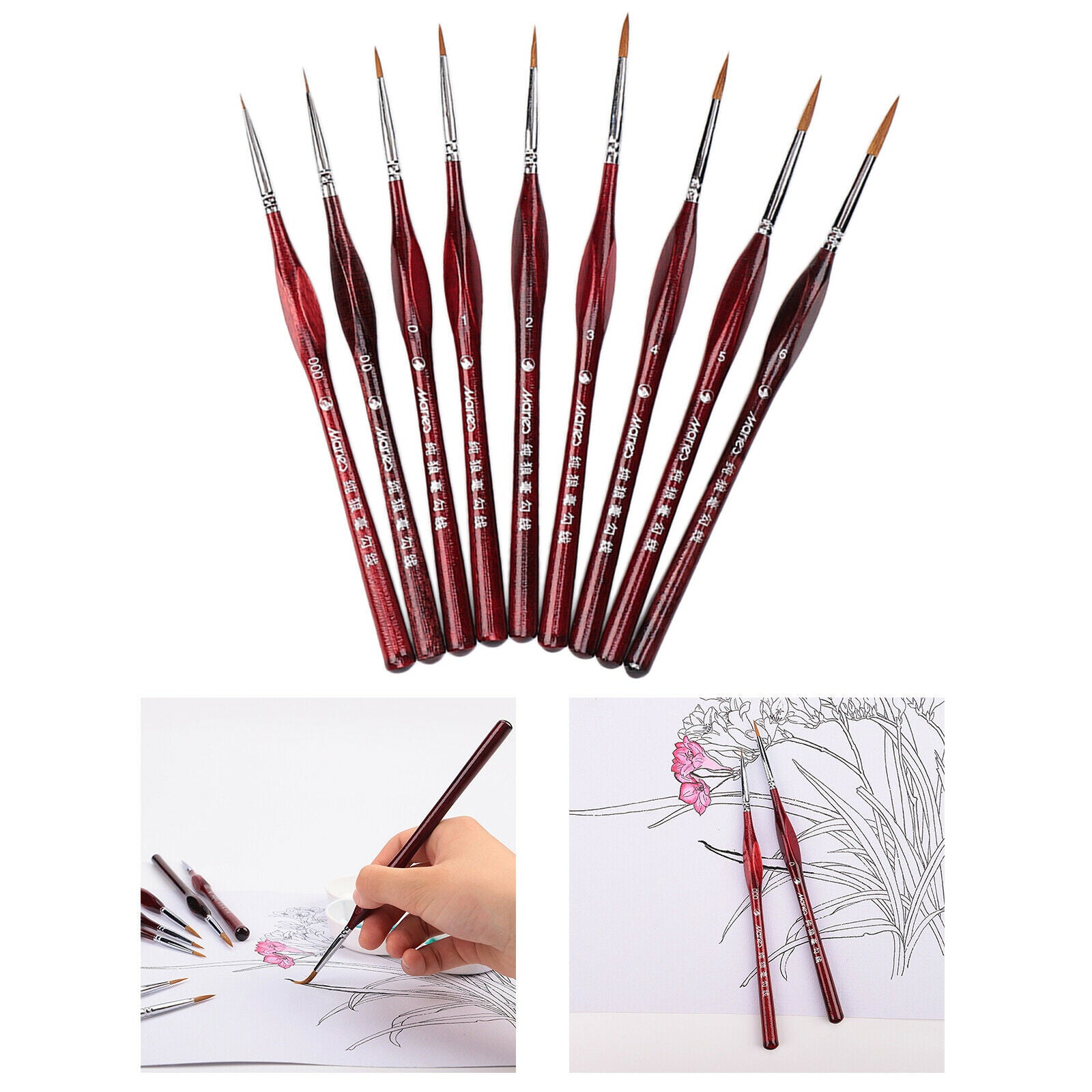 9Pcs Artist Paint Brush Wolf Hair Fine Line Drawing for Acrylic, Watercolor and