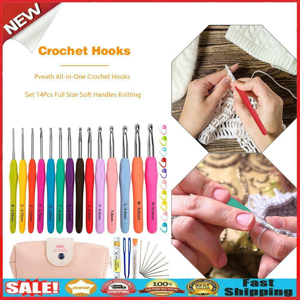 14pcs Aluminum Crochet Set Soft Handles Knitting Needles Kit Weaving Tool w/B @