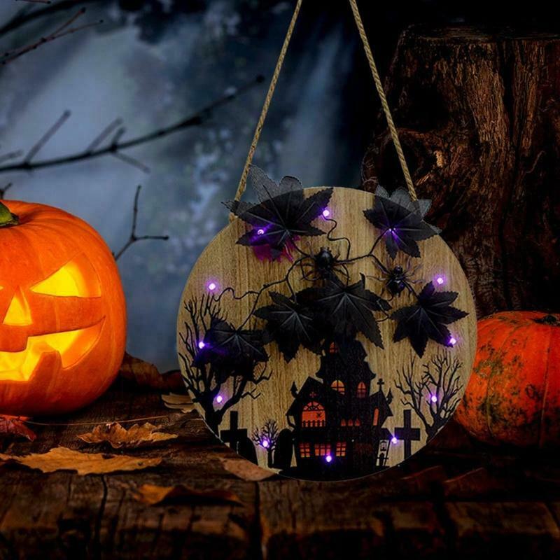 Halloween Maple Leaf Haunted House Glowing Front Door Hanger Decor Entryway Wall