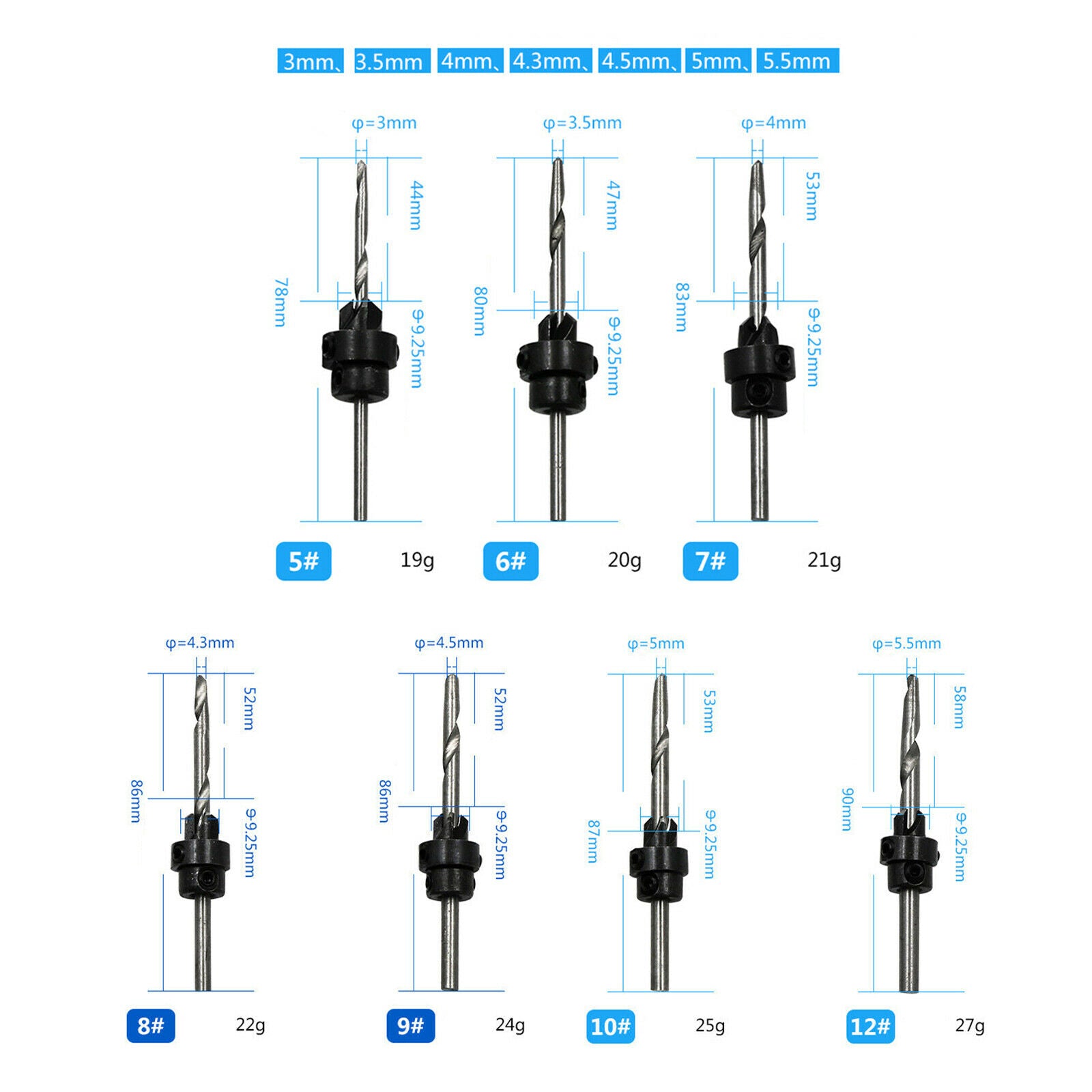 7Pcs Countersink Drill Bit Set Plastic Drilling Drills Tapered Pilot Tools