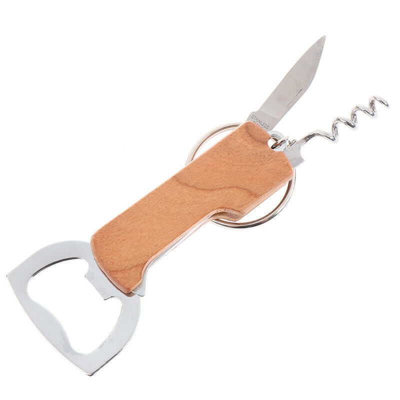 Multifunctional Beer Opener Keychain Stainless Steel Wooden Handle Wine O.l8