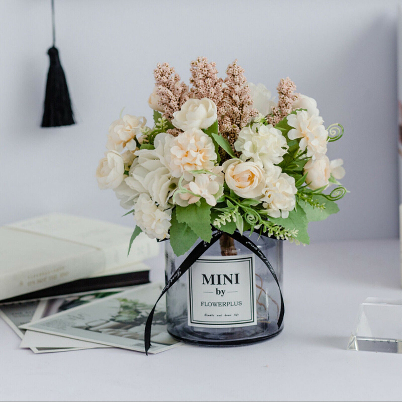 Silk Hydrangea Artificial Bouquet with Vase Garden Wedding Decor Champagne
