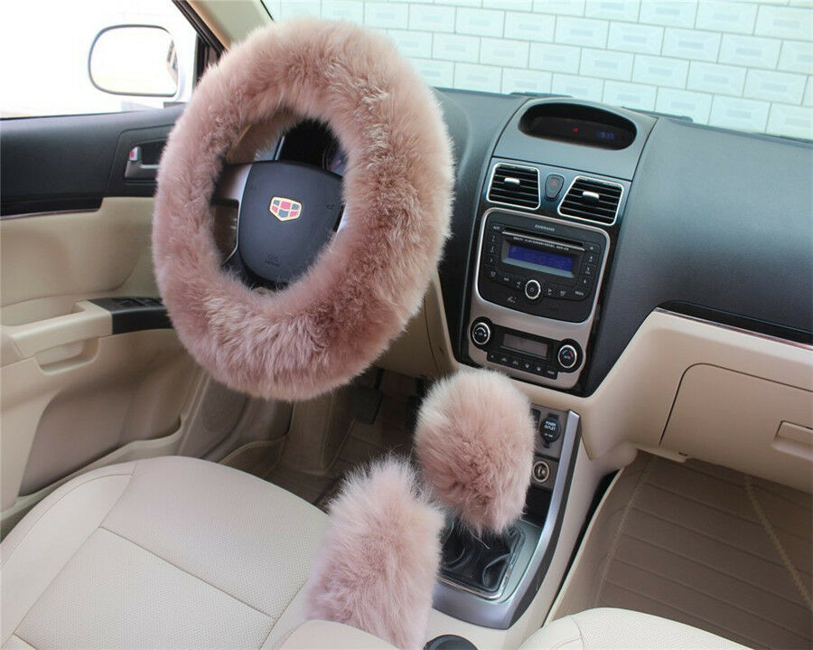 Winter Furry Car Steering Wheel/Gear+Knob/Parking Brake Cover Bean Paste Color