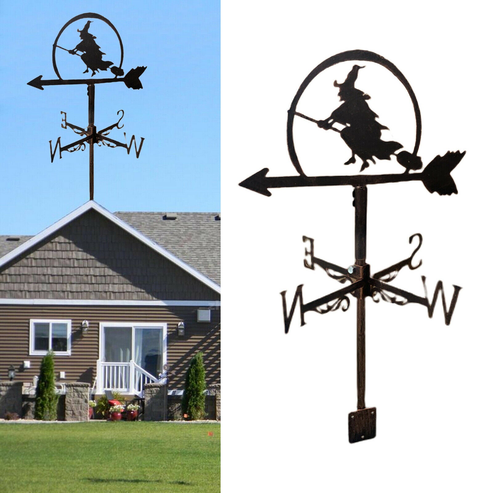 Black Stainless Steel Witch Weathervane Weather Vane Outdoor Yard Farm Stake