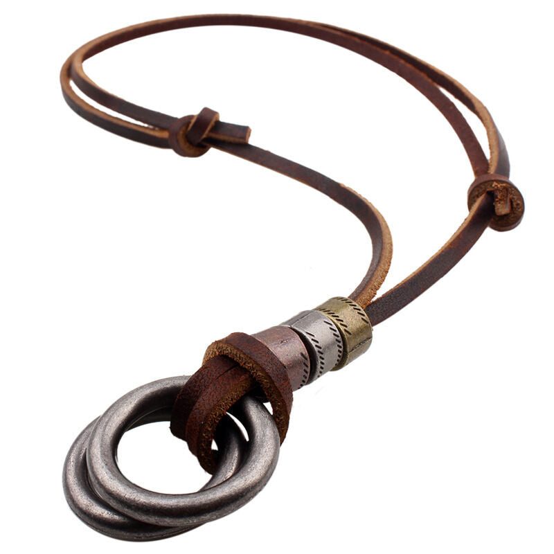 Men Wild Retro Leather LUS  Cord Necklace Double Circle Ring Pendant Jewelry