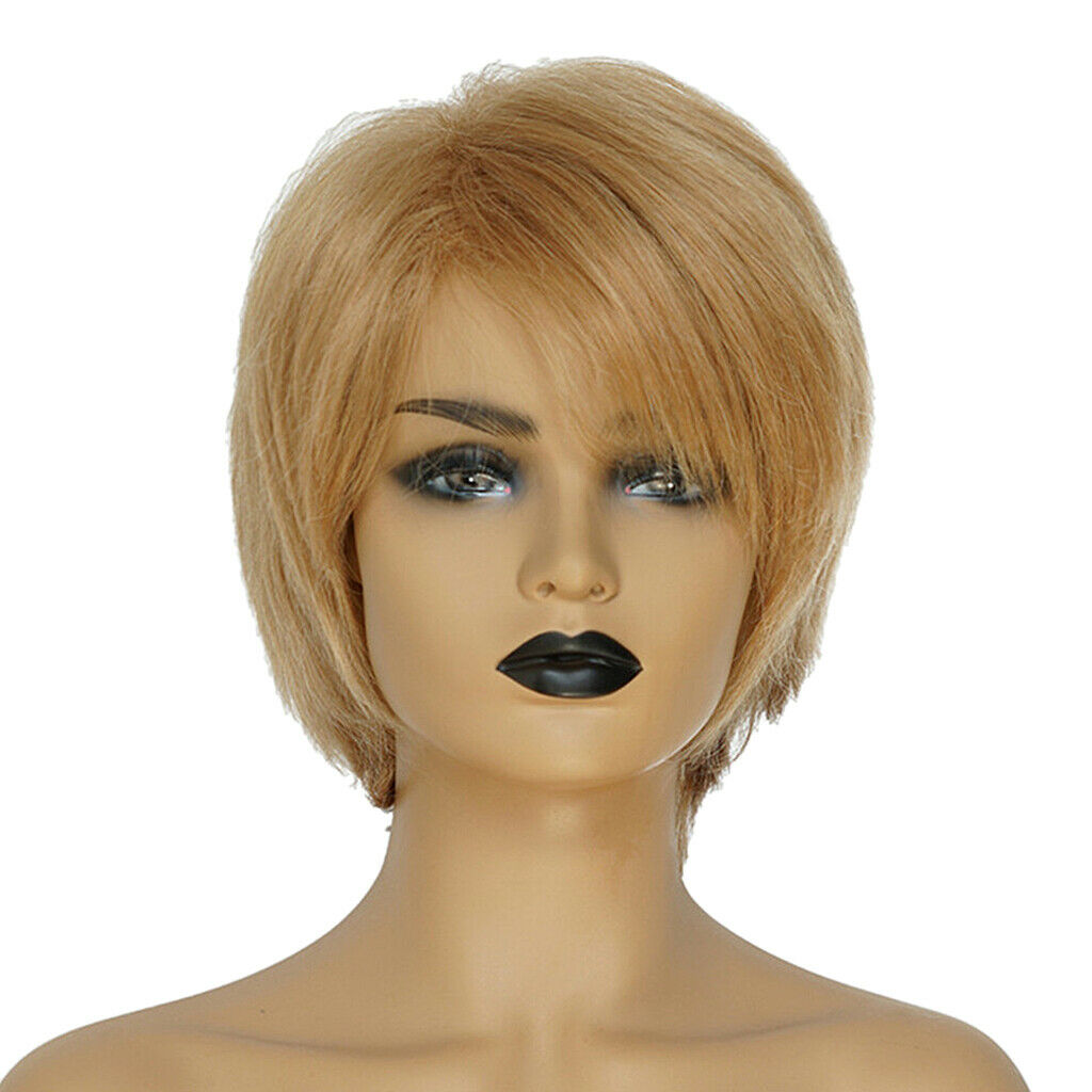 Natural Human Hair Short Straight Brown Pixie Cut Full Hair Wig Side Part