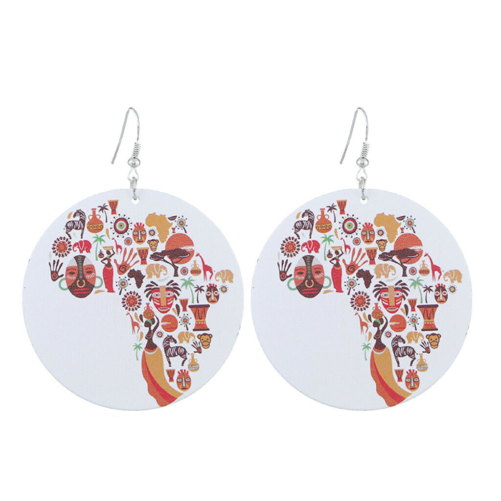Color geometric round wood printing combination African map earrings wood
