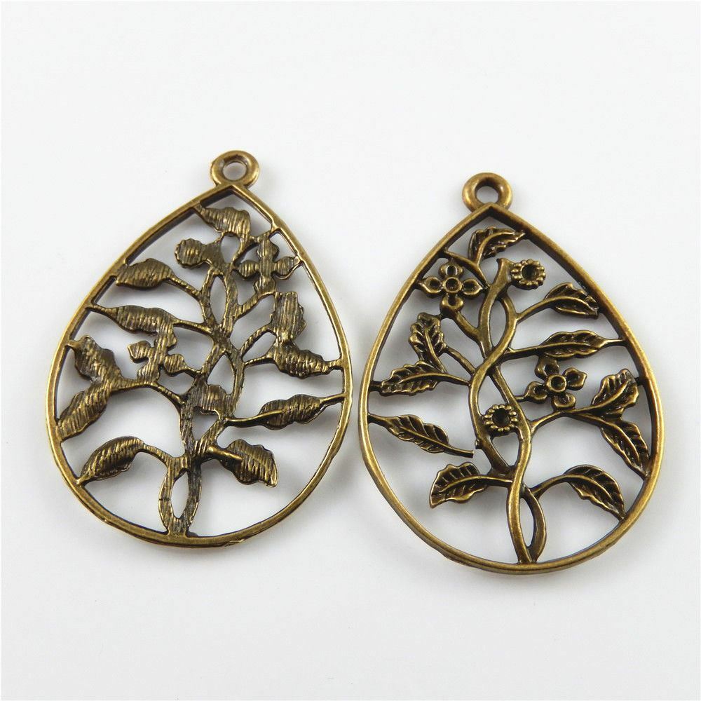 5-pack Retro Bronze Alloy Teardrop Pendant Hollowed Flower Branch Charm 54x41mm