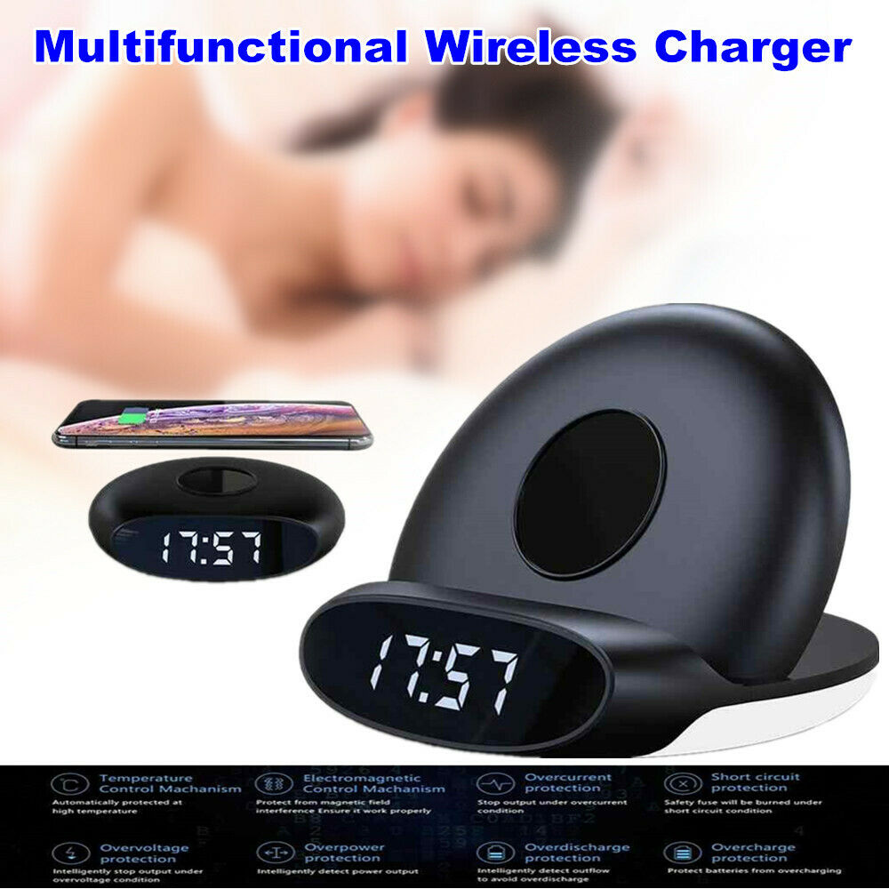 Multifunctional Wireless Charger Bedside Lamp Light with Clock Alarm Home Office