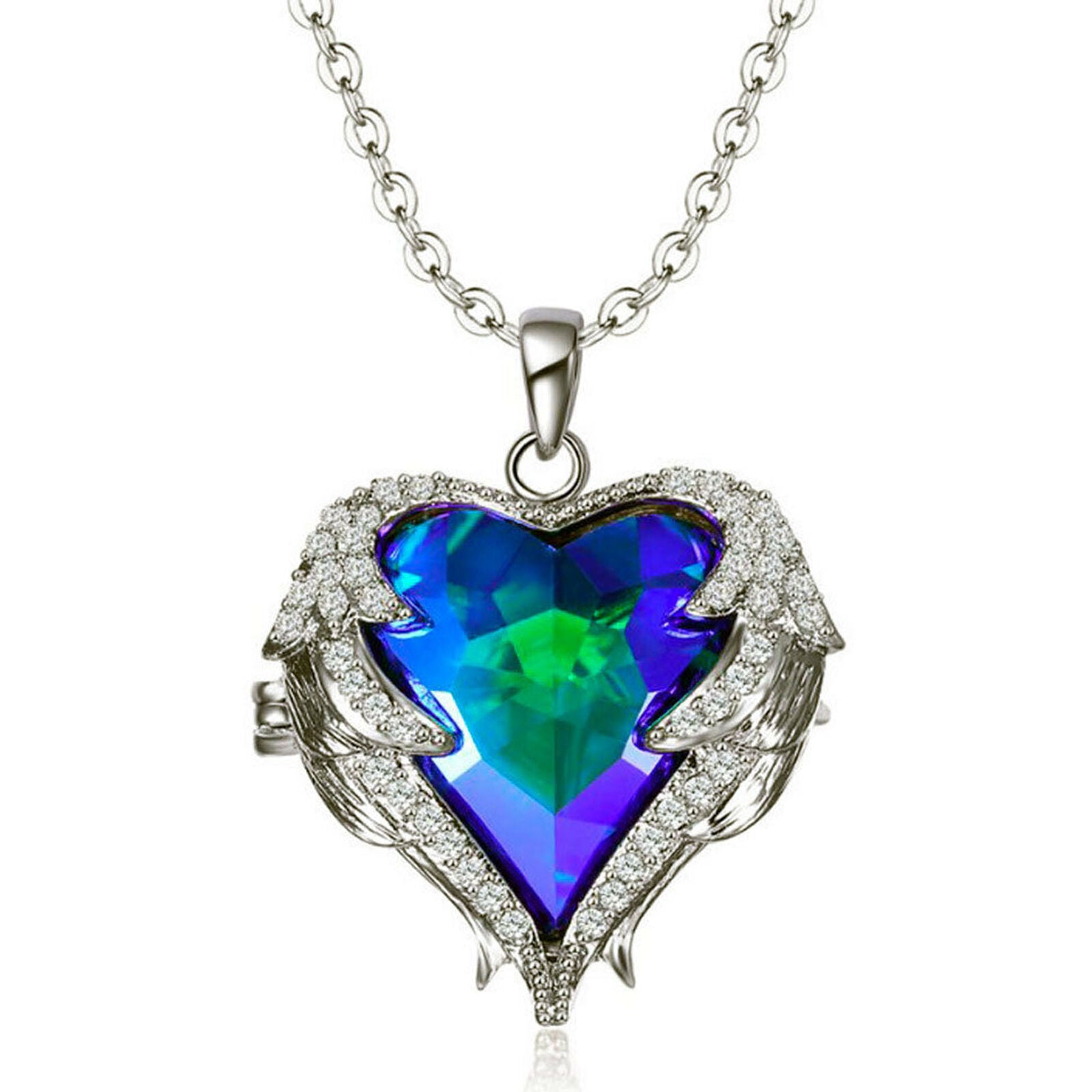 Mother's Day Gift Angel Wing Pendant Necklace Crystal Blue Heart With Gift Bag