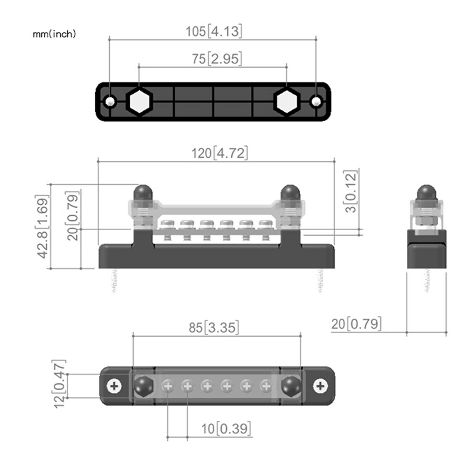 6 Terminal Bus Bar Kit Distribution Block 2 Studs for Car Boat Accessories