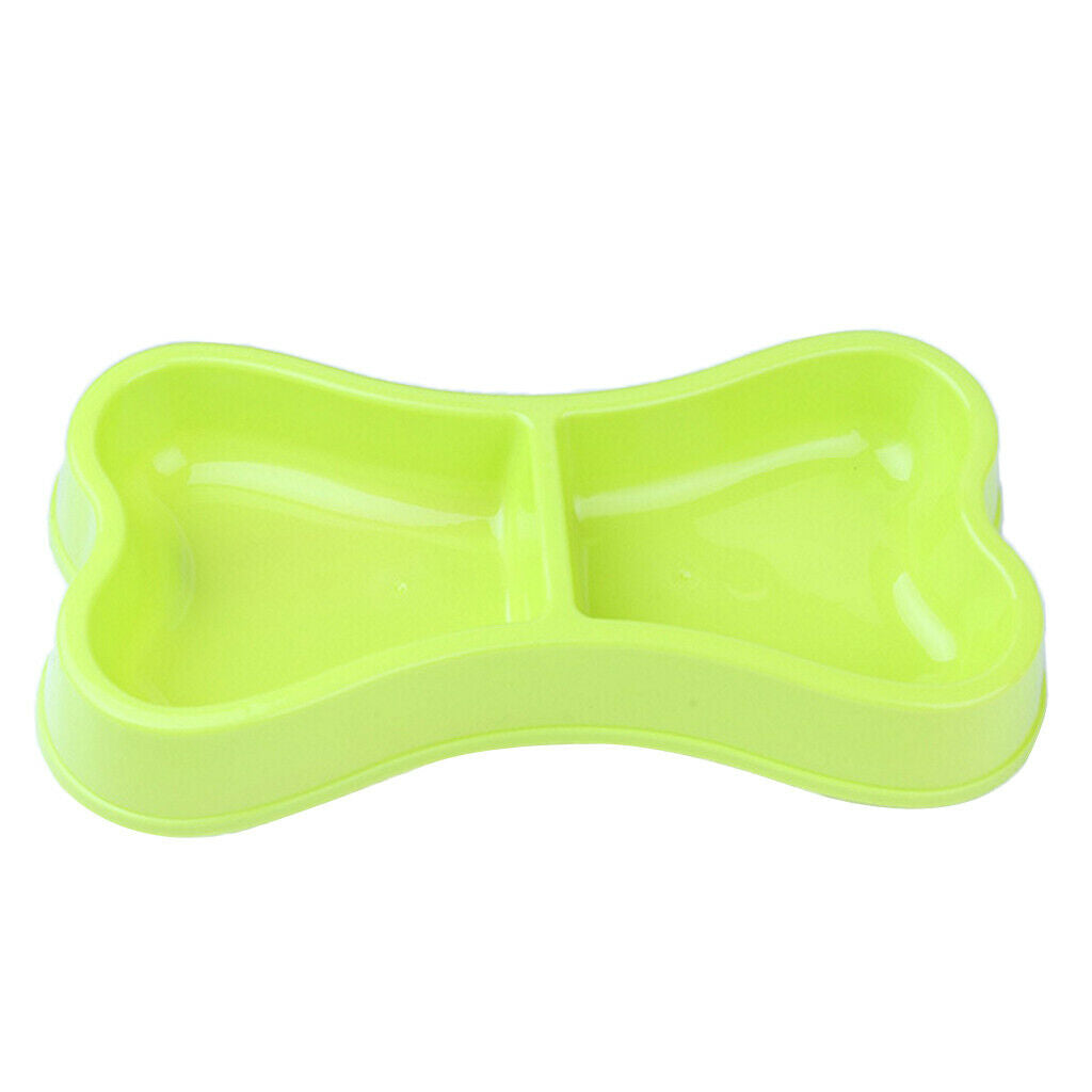 Pet Dog Cat Bone Shape Plastic Food Water Dish Double Bowl Feeder Light Green