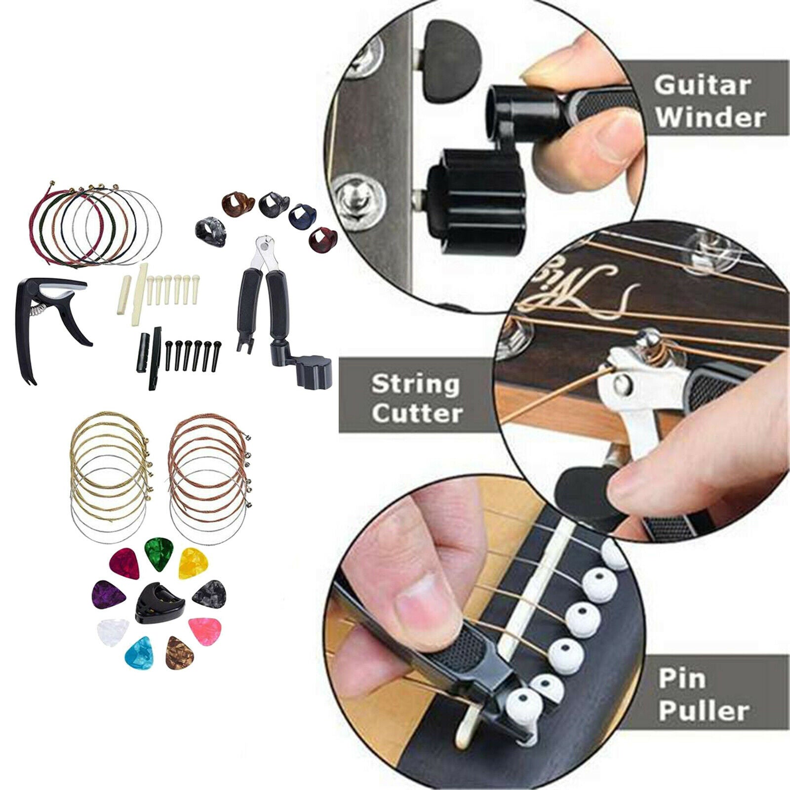 51Pcs Guitar Accessories Tuner, 3-in-1 Restring Tool Bridge Pins Maintenance Kit