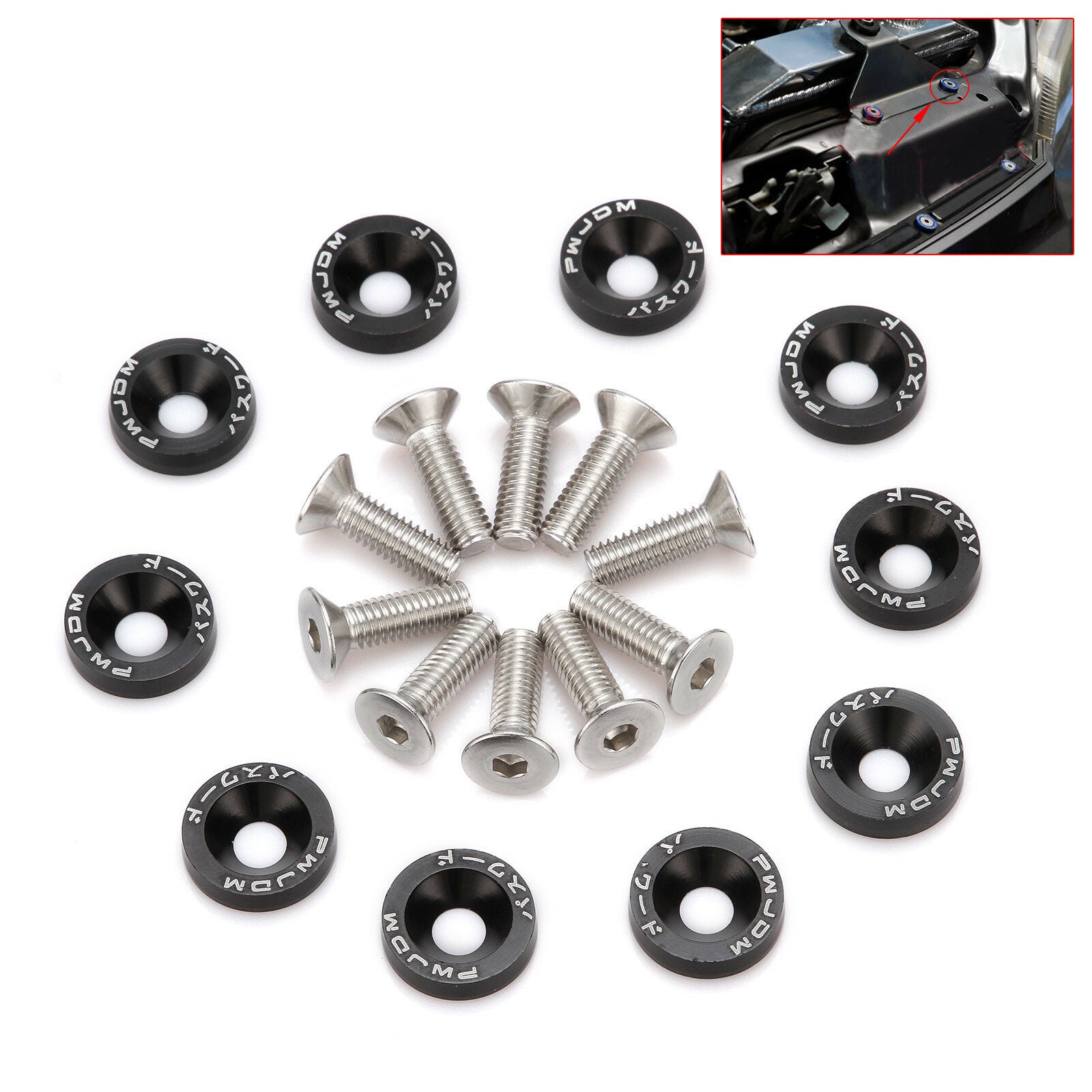 Black 10Pcs M6 Aluminum Bolts Engine Fender Bumper Washer Bay Dress Up Screw