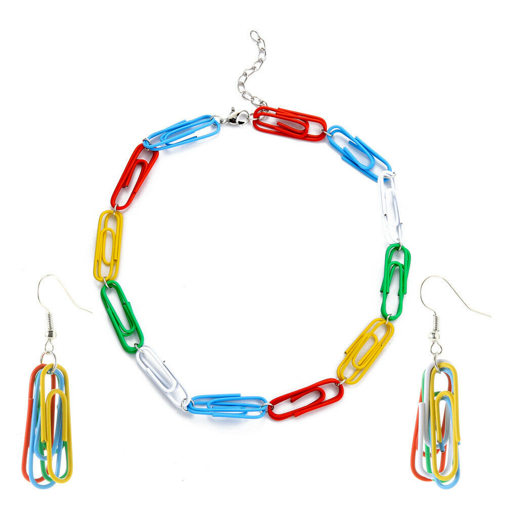 Punk Colorful Paper Clip Pendant Clavicle Chain Earring Alloy Suit Women Jewelry