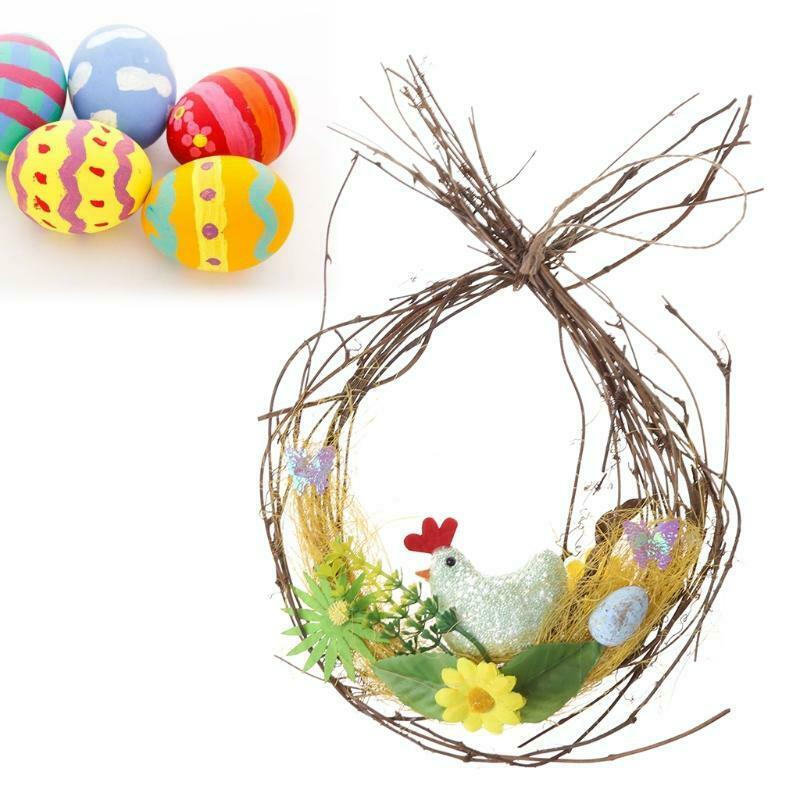 Easter Chicken Laying Egg Door Hanging Pendant Rattan Wreath Home Decorations