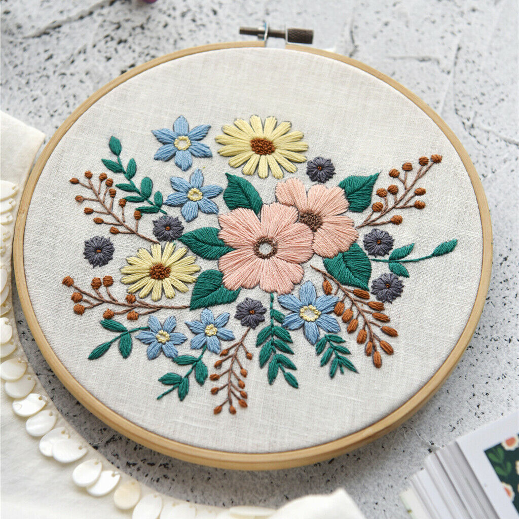 Flower Pattern Needle Thread Sewing Kits with Cross Stitch Hoop, Embroidery