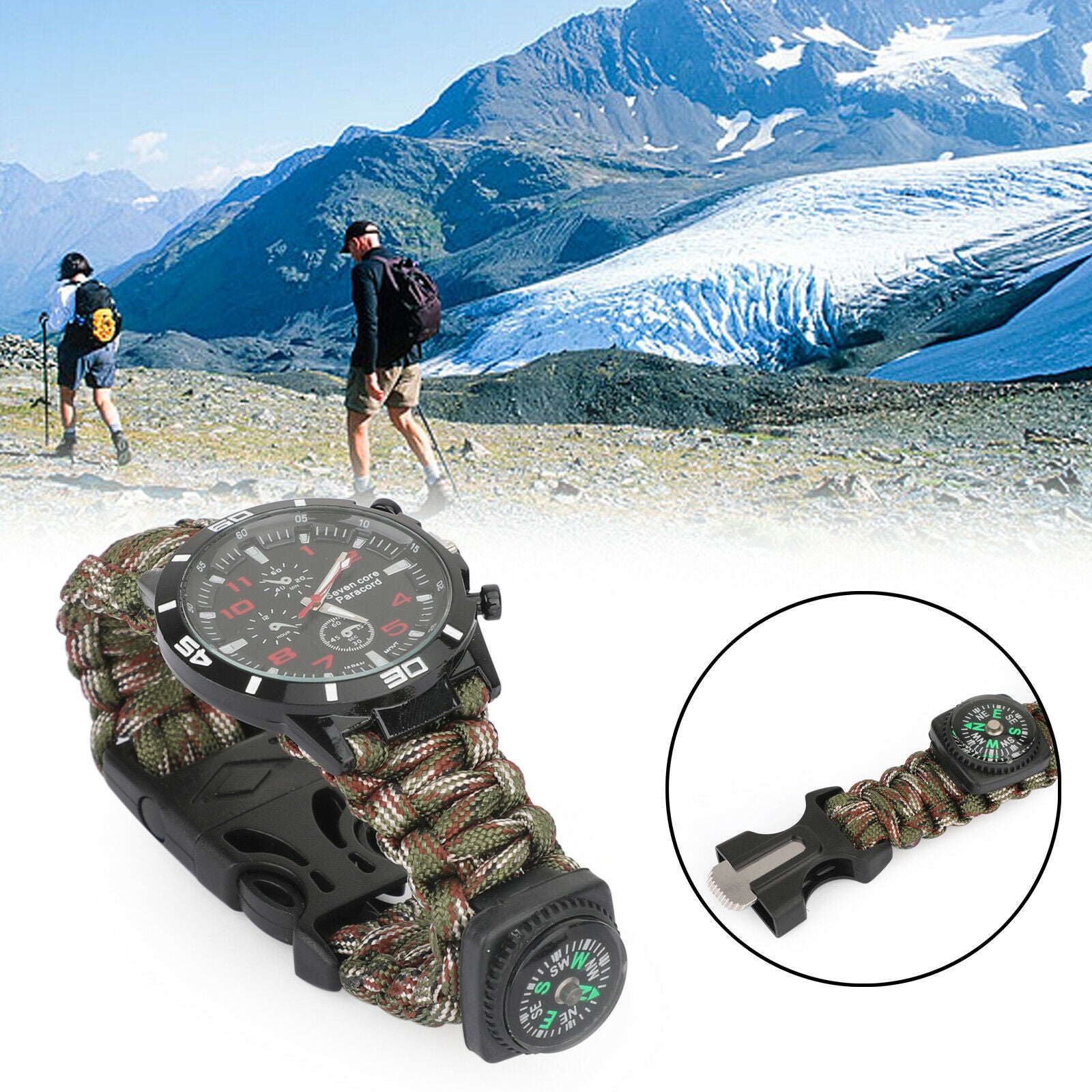 Watch Bracelet Paracord Compass Flint Fire Starter Whistle Outdoor GC B5