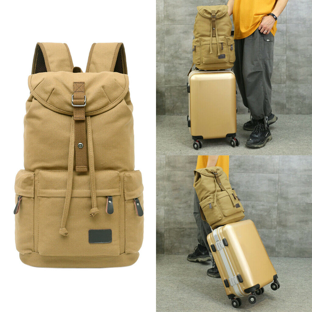 Mens Casual Canvas Backpack Travel School Bag Large Capacity Rucksack Khaki