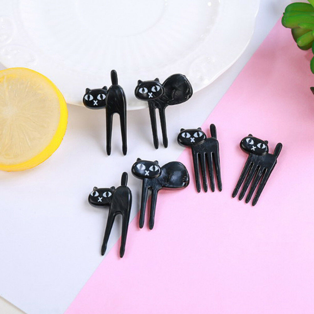 6Pcs black cat fruit fork cute toothpick gadgets kitten dessert decoratio.l8
