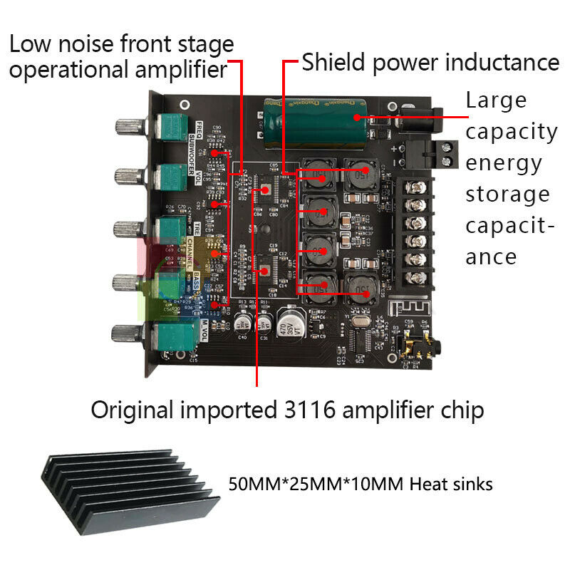 TPA3116D Digital Amplifiers Board Bluetooth 5.0 2.1 Channel Audio 2*50W+100W AUX